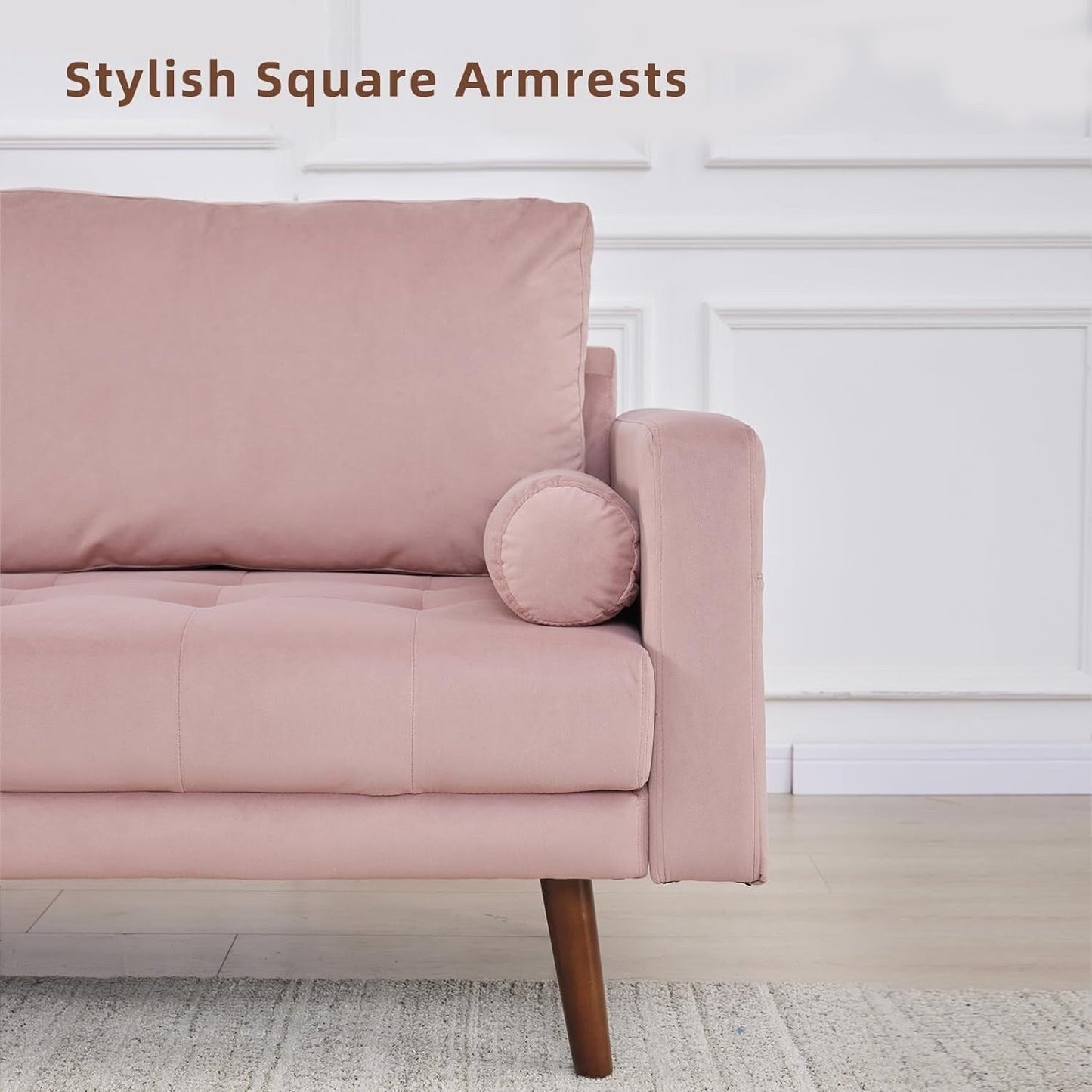 Pink Modern 74'' Fabric 3-Seater Sofa with Storage Pockets, High-Density Foam, and Wooden Legs
