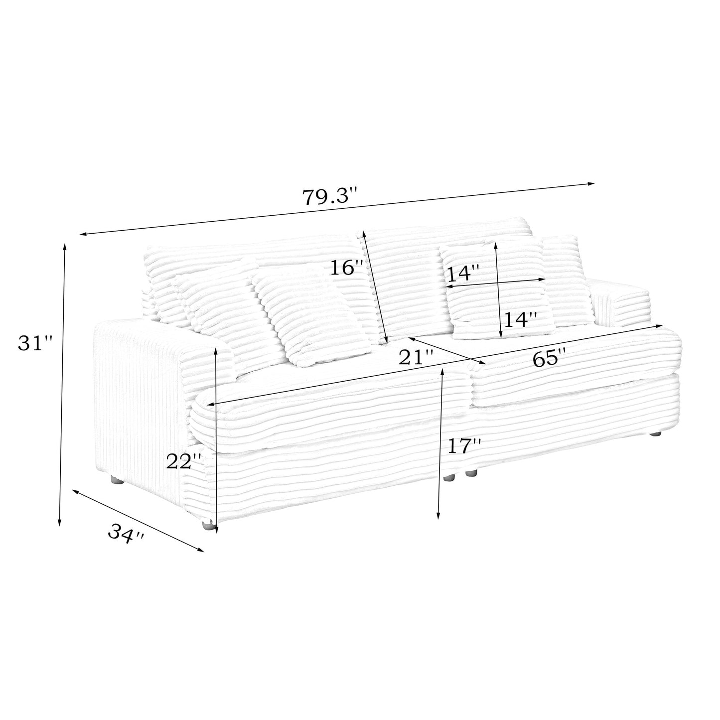 Pink Modern 79.3 Corduroy 3-seater Sofa with 4 Matching Toss Pillows and Individual Spring Cushion for Living Room