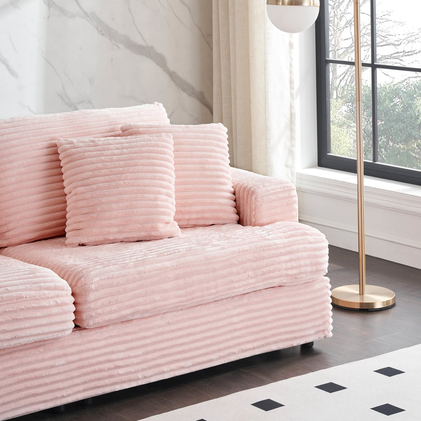 Pink Modern 79.3 Corduroy 3-seater Sofa with 4 Matching Toss Pillows and Individual Spring Cushion for Living Room