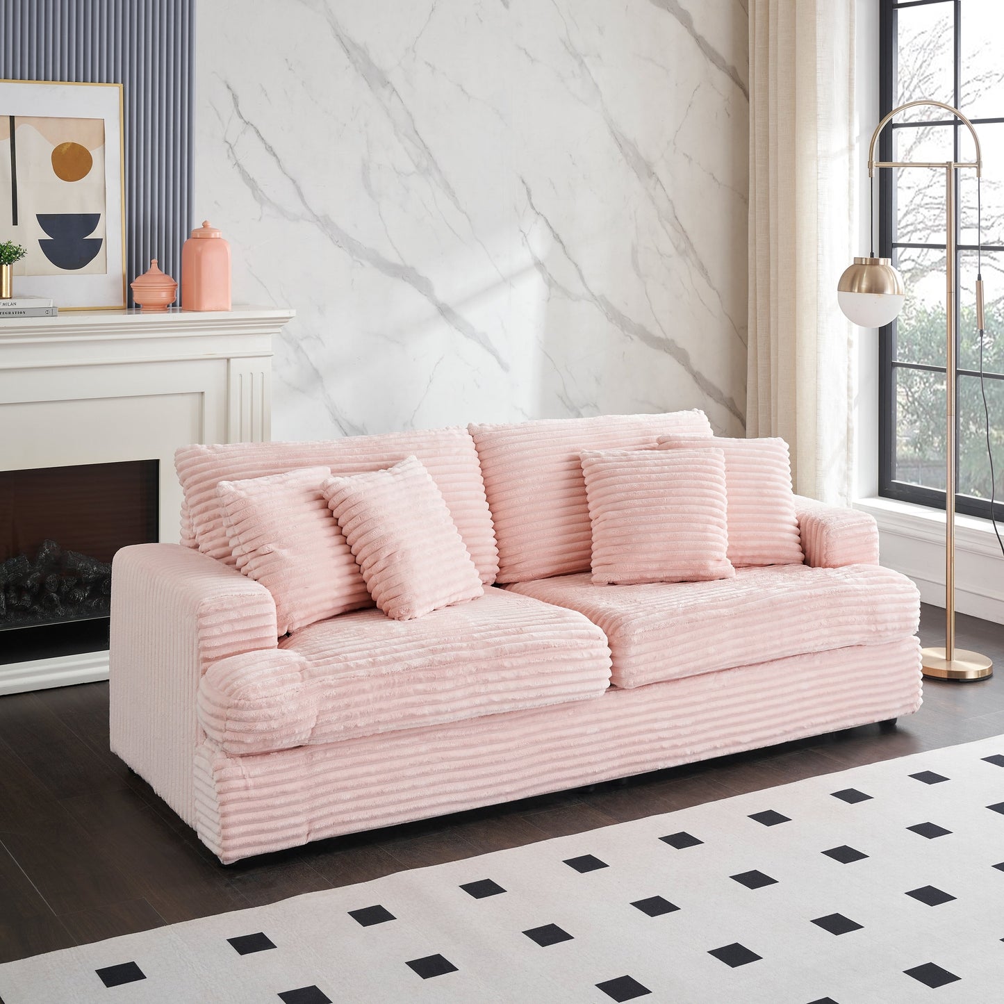Pink Modern 79.3 Corduroy 3-seater Sofa with 4 Matching Toss Pillows and Individual Spring Cushion for Living Room