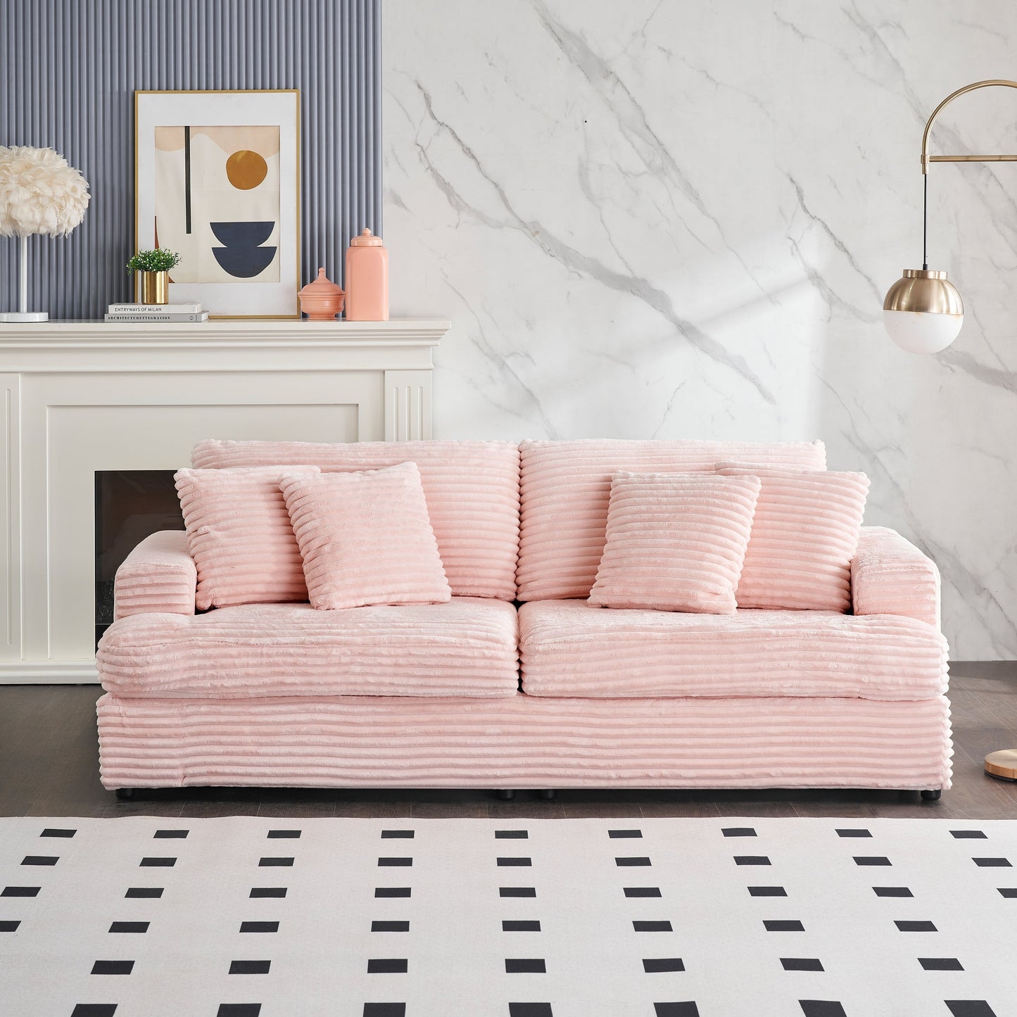 Pink Modern 79.3 Corduroy 3-seater Sofa with 4 Matching Toss Pillows and Individual Spring Cushion for Living Room