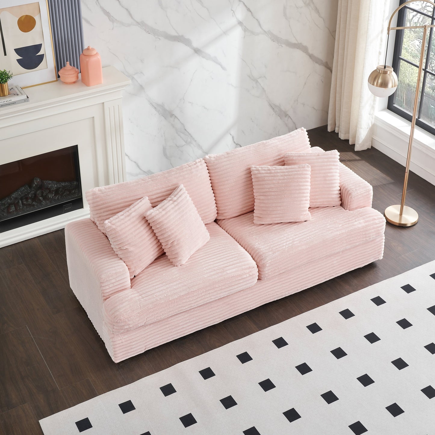 Pink Modern 79.3 Corduroy 3-seater Sofa with 4 Matching Toss Pillows and Individual Spring Cushion for Living Room