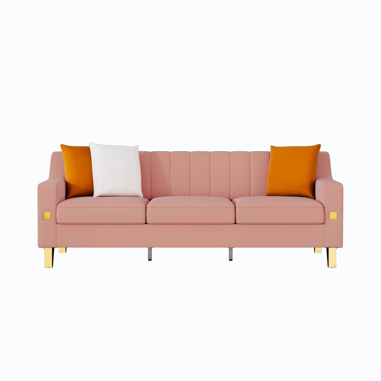 Modernes 3-Sitzer-Sofa aus Samt in Rosa, 81,89, mit goldenen Akzenten und Plüschkissen für das Wohnzimmer
