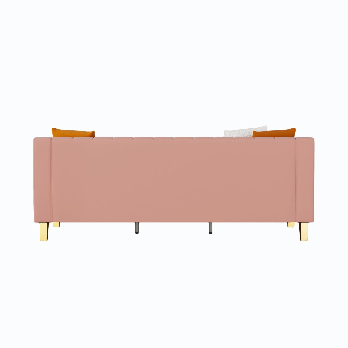 Modernes 3-Sitzer-Sofa aus Samt in Rosa, 81,89, mit goldenen Akzenten und Plüschkissen für das Wohnzimmer