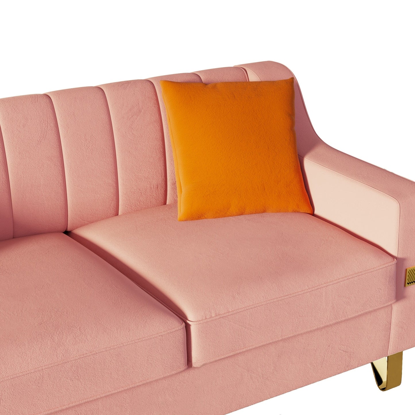 Modernes 3-Sitzer-Sofa aus Samt in Rosa, 81,89, mit goldenen Akzenten und Plüschkissen für das Wohnzimmer