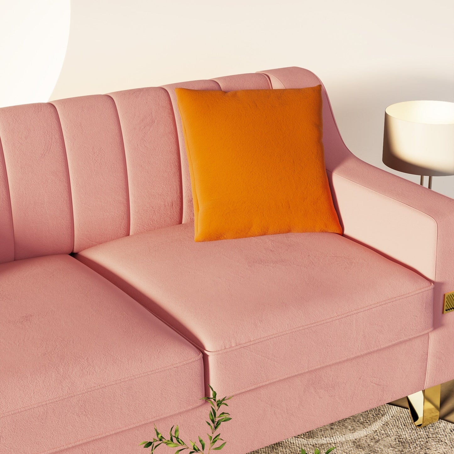 Modernes 3-Sitzer-Sofa aus Samt in Rosa, 81,89, mit goldenen Akzenten und Plüschkissen für das Wohnzimmer