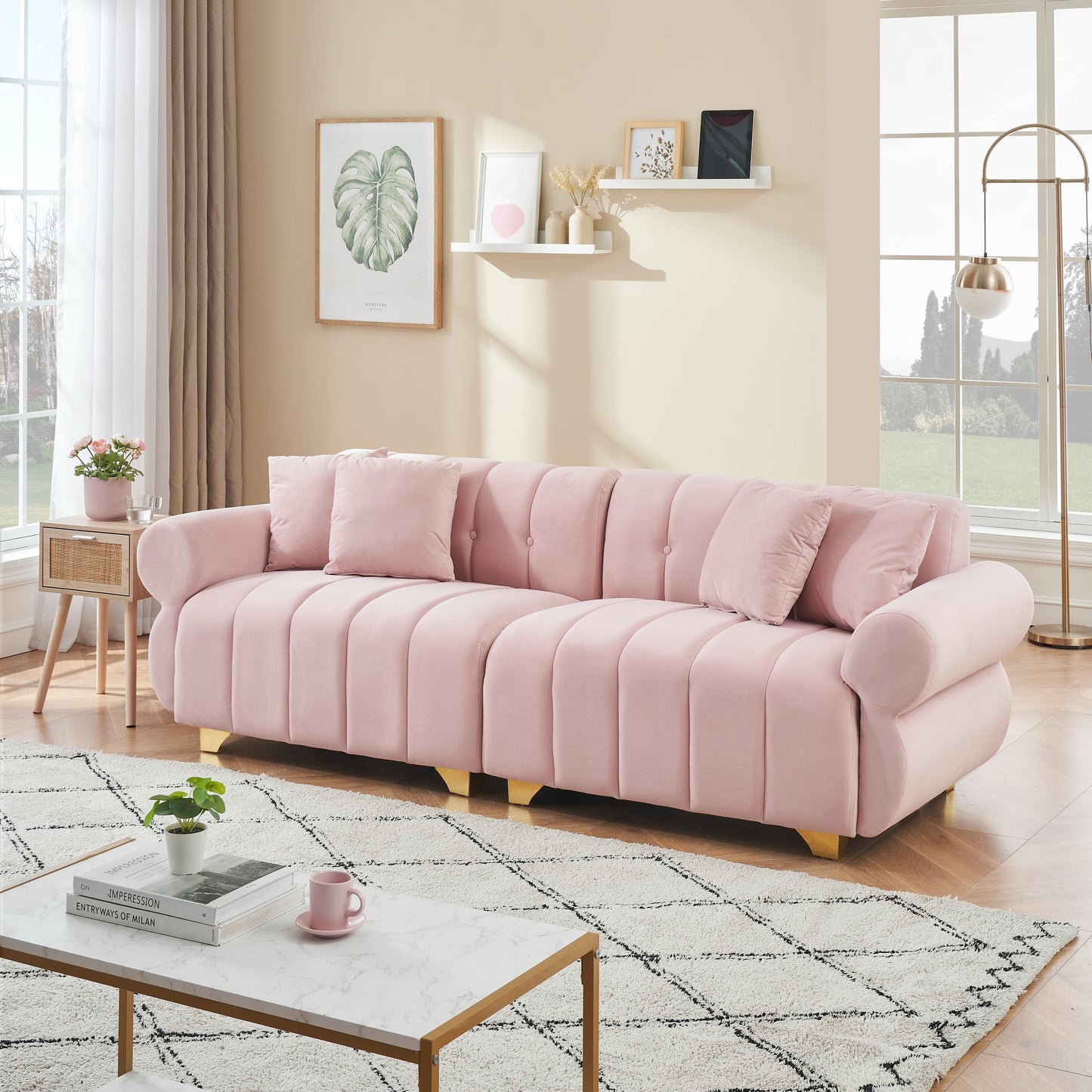 Pink Modern 89 Velvet 3-seater Sofa with Spring-Wrapped Cushions and Metal Feet for Living Room