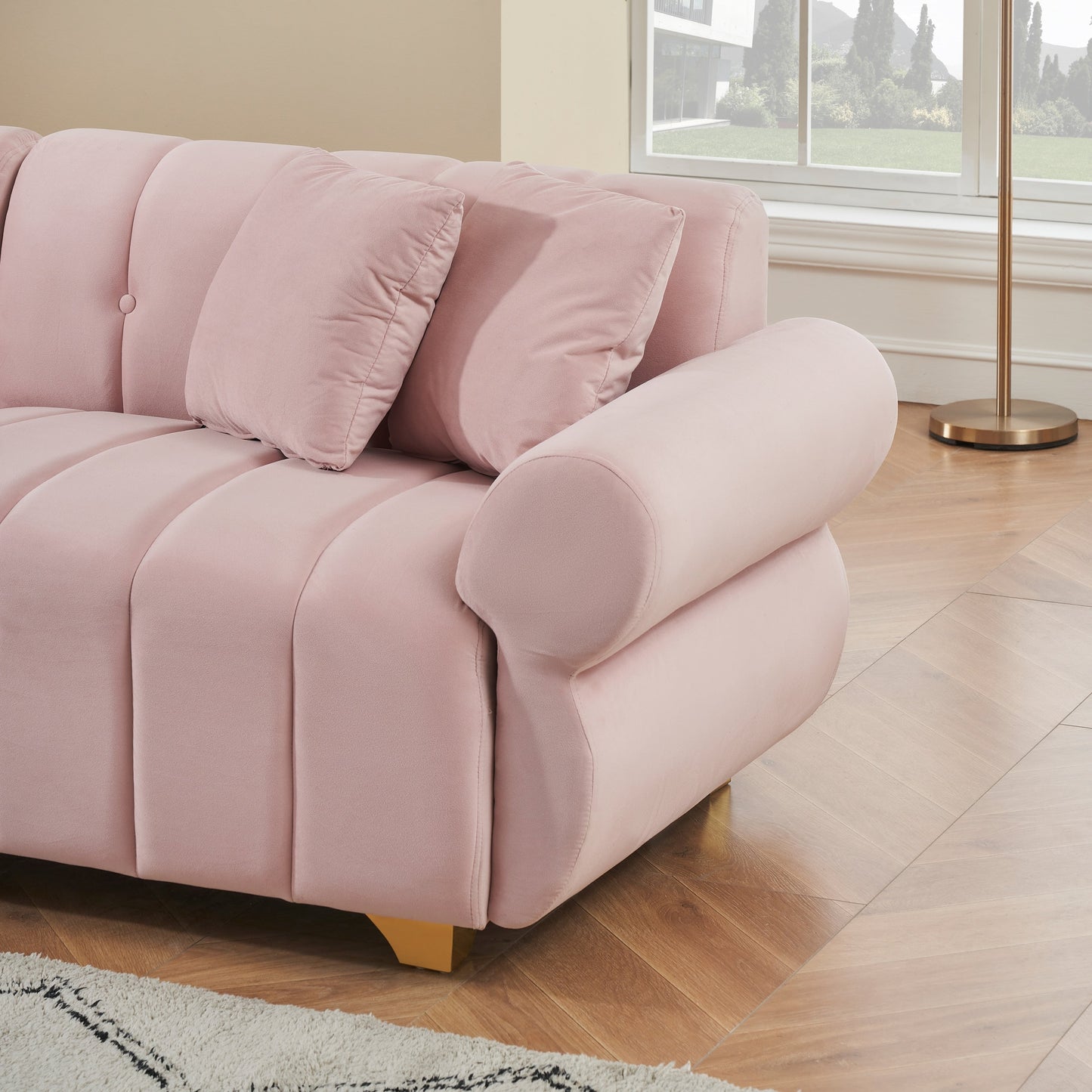 Pink Modern 89 Velvet 3-seater Sofa with Spring-Wrapped Cushions and Metal Feet for Living Room