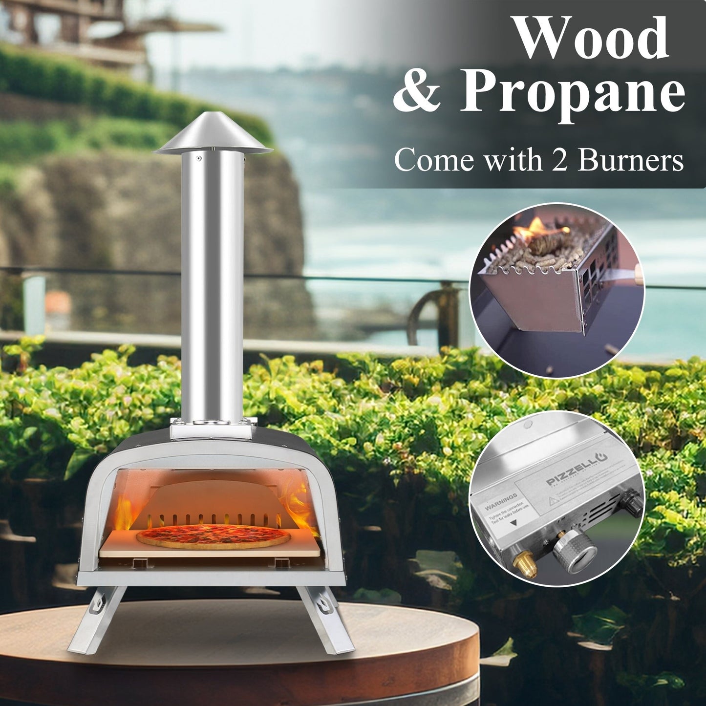 Multi-Fuel-Pizzaofen für den Außenbereich, Steinofen-Pizzamaker mit Gasbrenner und Holzbox – 12 Zoll