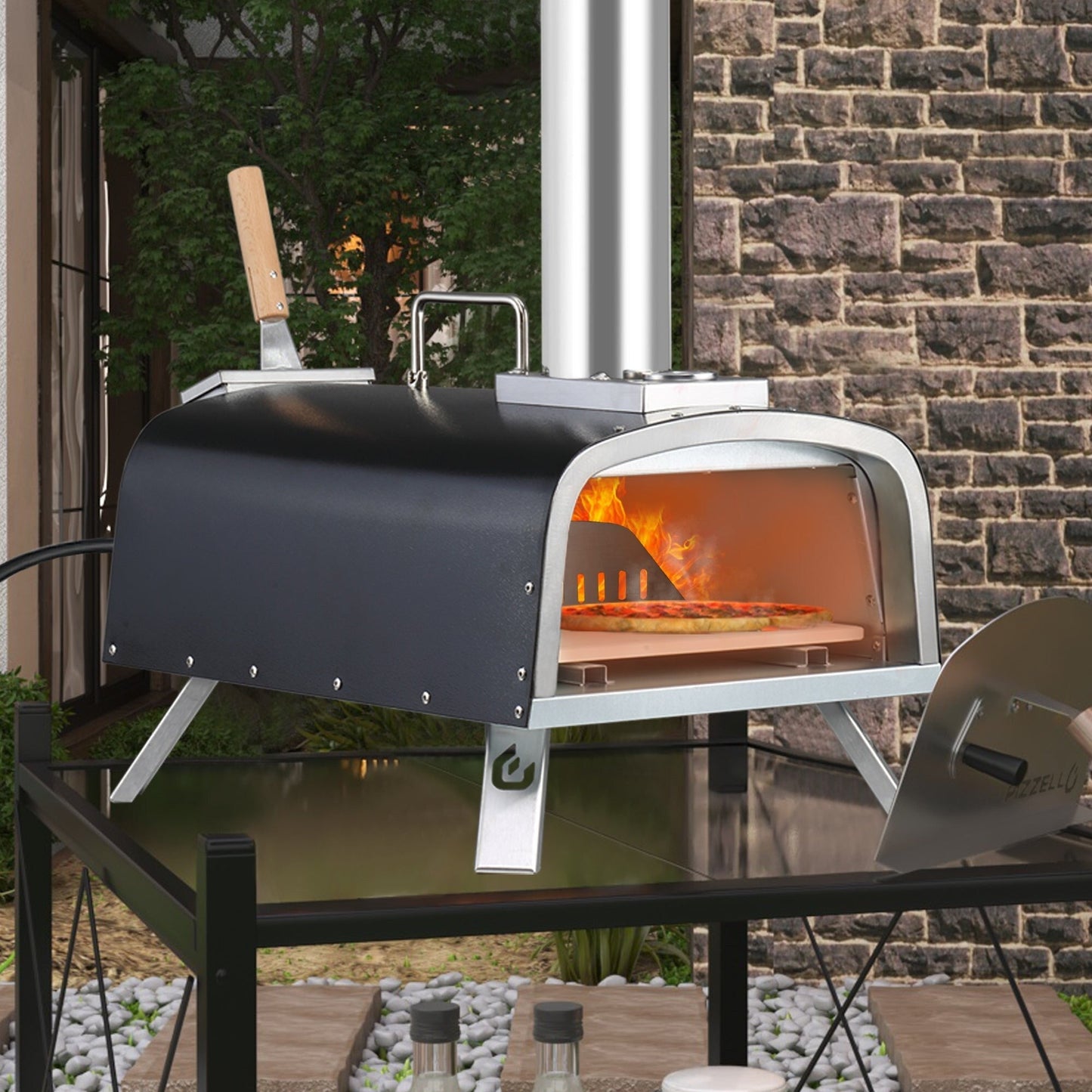 Multi-Fuel-Pizzaofen für den Außenbereich, Steinofen-Pizzamaker mit Gasbrenner und Holzbox – 12 Zoll