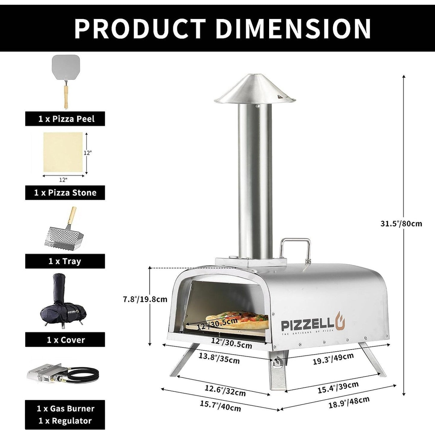 Multi-Fuel-Pizzaofen für den Außenbereich, Steinofen-Pizzamaker mit Gasbrenner und Holzbox – 12 Zoll