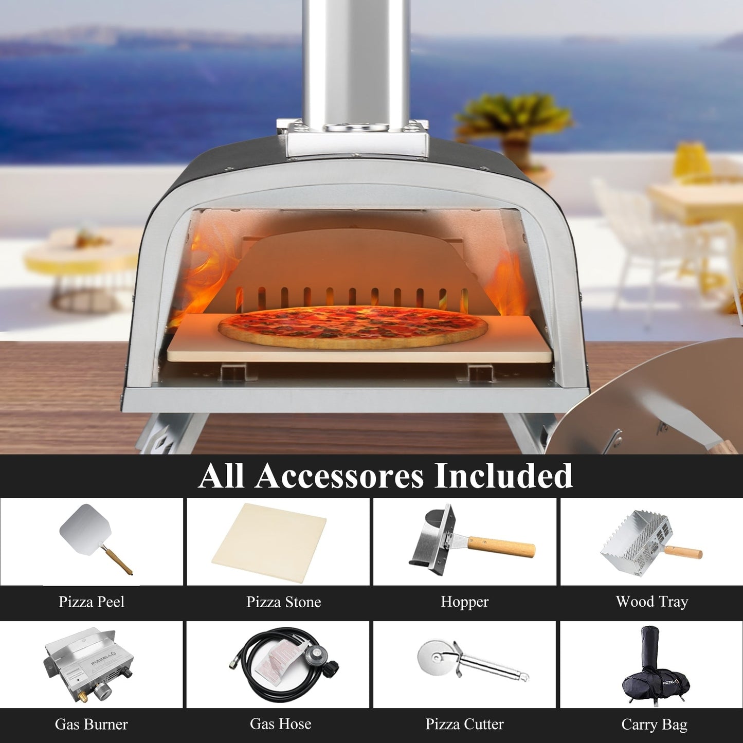 Multi-Fuel-Pizzaofen für den Außenbereich, Steinofen-Pizzamaker mit Gasbrenner und Holzbox – 12 Zoll