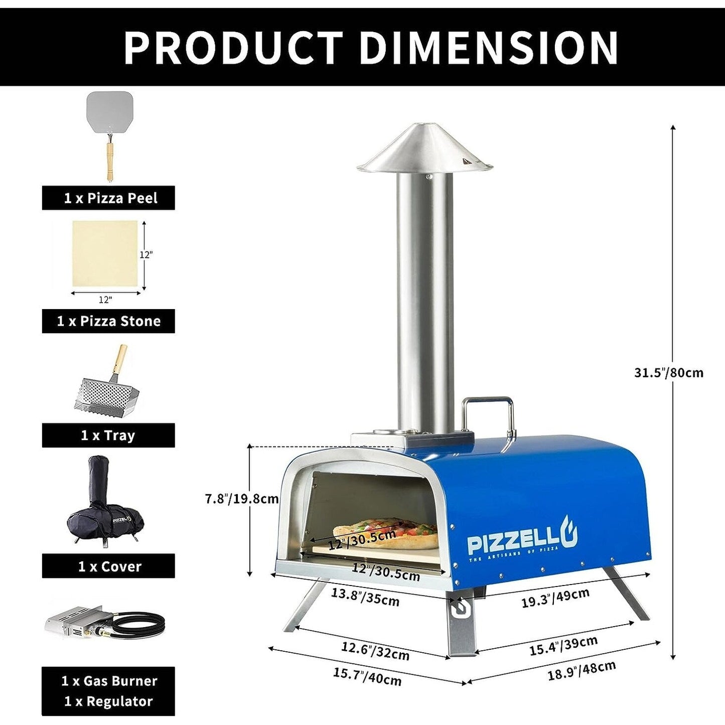 Multi-Fuel-Pizzaofen für den Außenbereich, Steinofen-Pizzamaker mit Gasbrenner und Holzbox – 12 Zoll