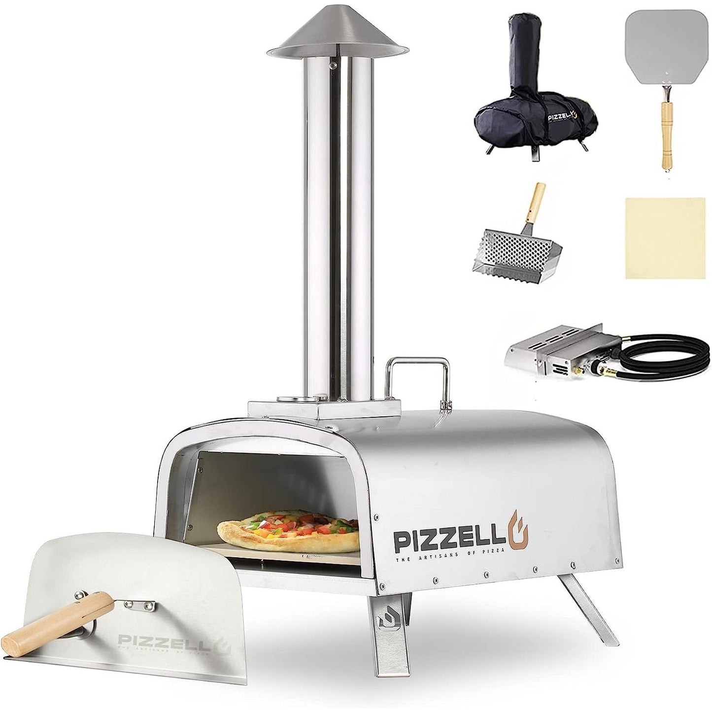 Multi-Fuel-Pizzaofen für den Außenbereich, Steinofen-Pizzamaker mit Gasbrenner und Holzbox – 12 Zoll