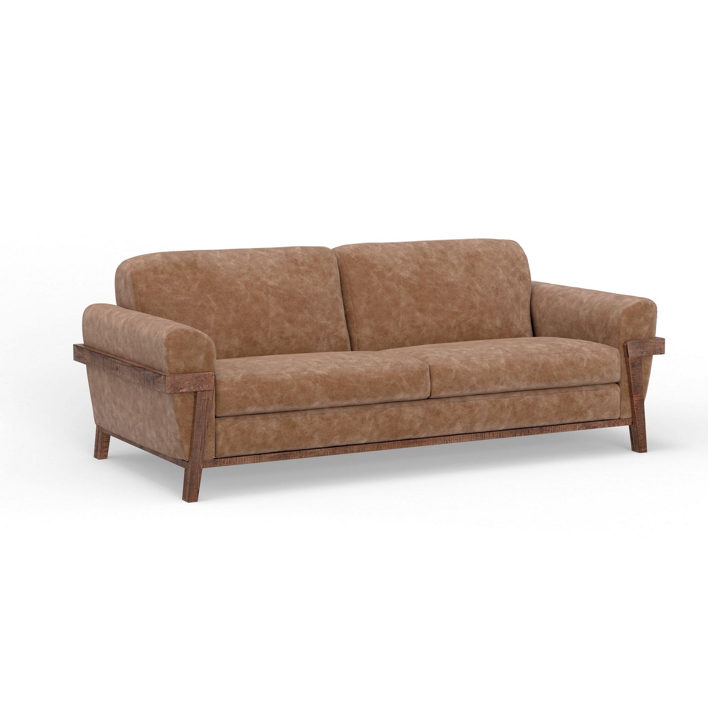 Pola Sofa, Cognac Brown Faux Leather, Foam, Solid Pine Wood, 95 Inch