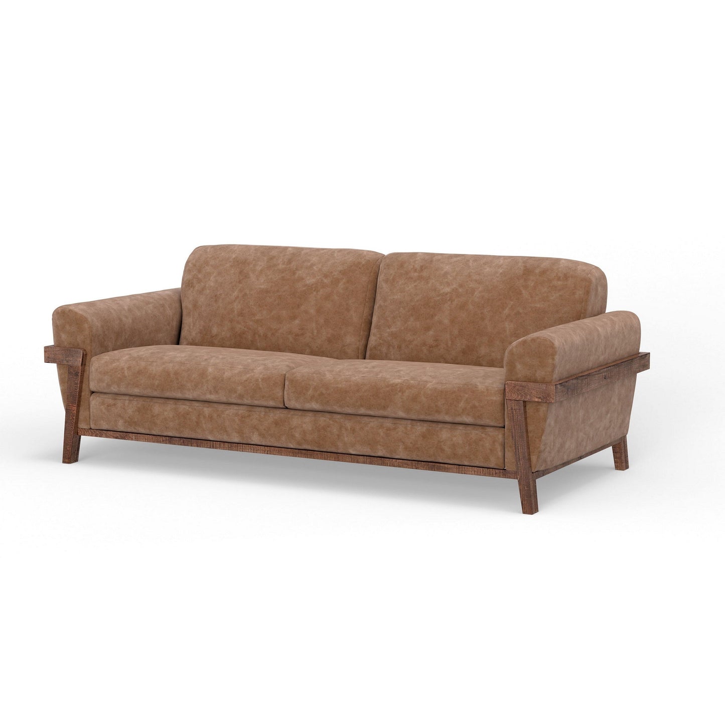 Pola Sofa, Cognac Brown Faux Leather, Foam, Solid Pine Wood, 95 Inch