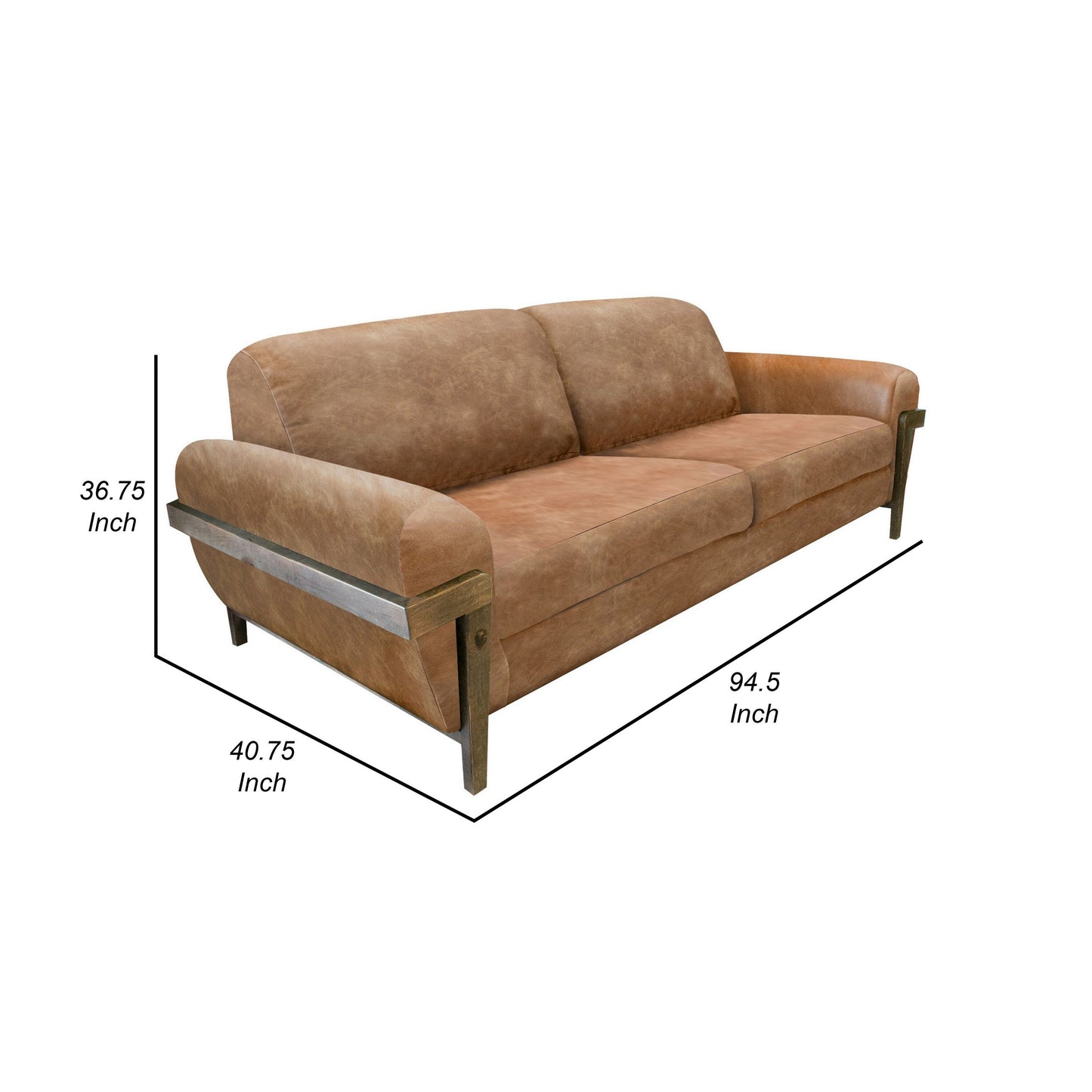 Pola Sofa, Cognac Brown Faux Leather, Foam, Solid Pine Wood, 95 Inch