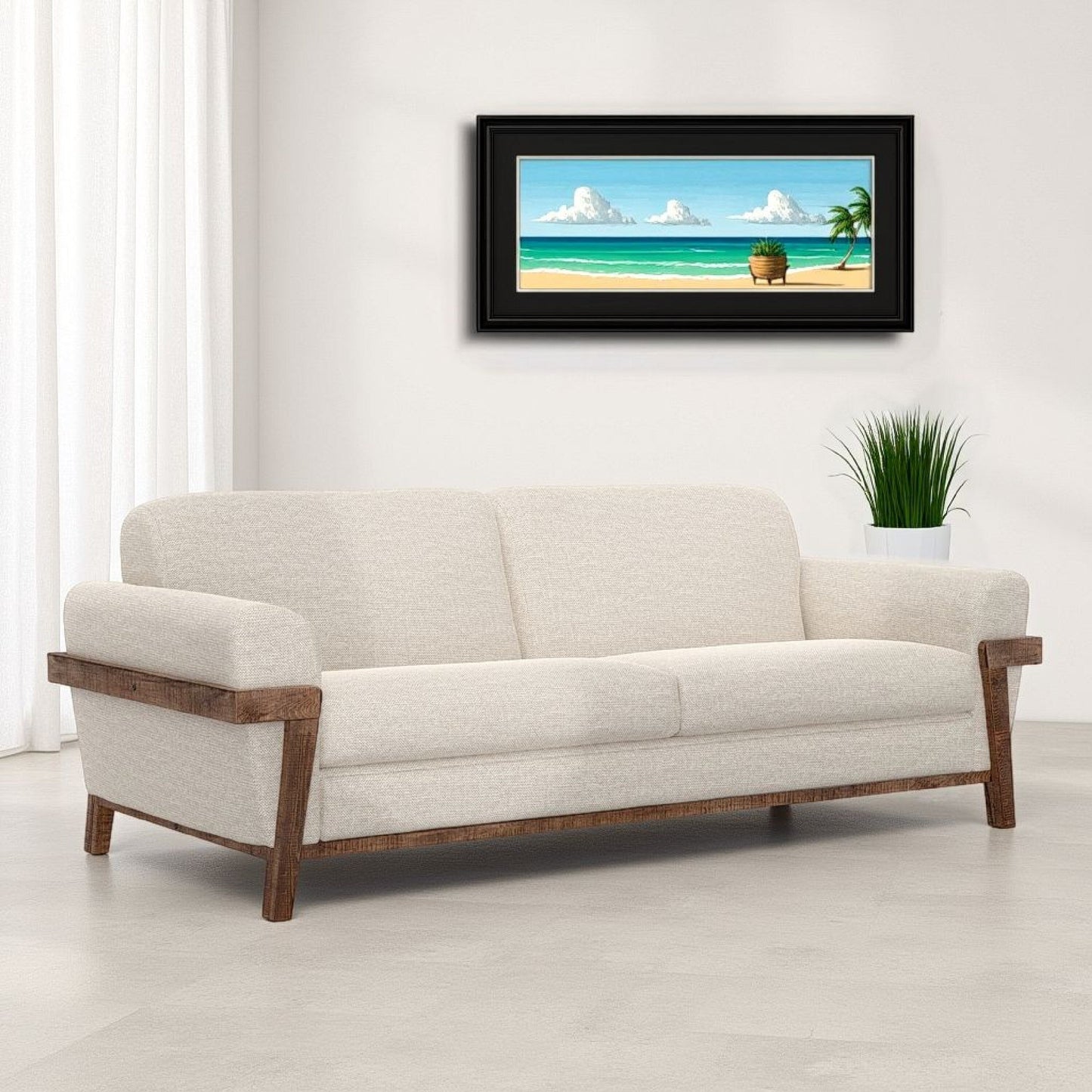 Pola Sofa, Cognac Brown Faux Leather, Foam, Solid Pine Wood, 95 Inch