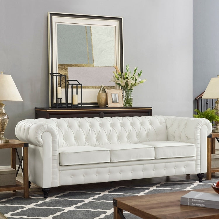 Stylish Sofa Combo: Chesterfield Sofa with Rolled Arms and Button Tufted Flared Arms Microfiber Couch for Small Spaces