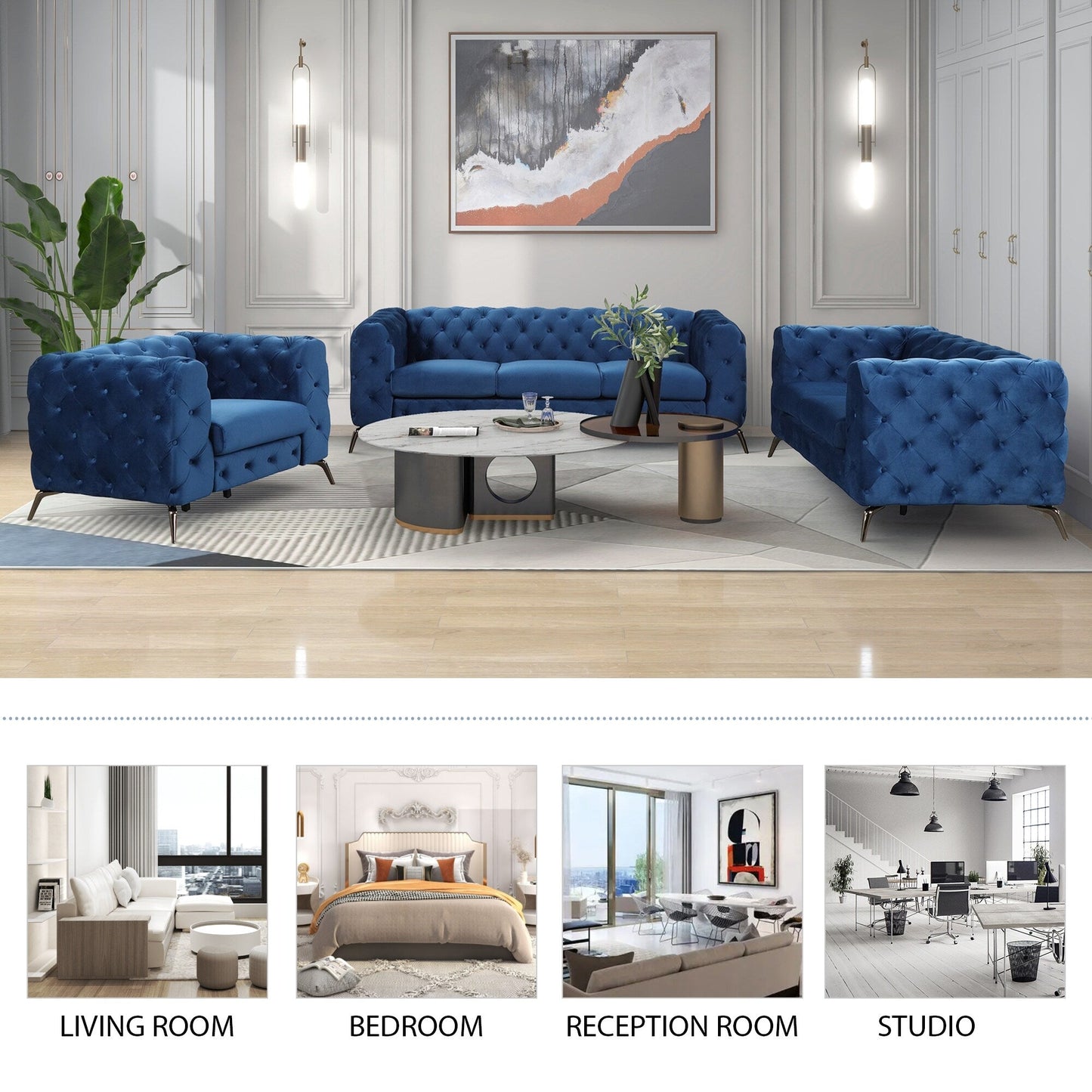 Roomfitters 3-Piece Velvet Upholstered Sofa Set with Sturdy Metal Legs, Includes Three-Seat Sofa, Loveseat, and Single Chair
