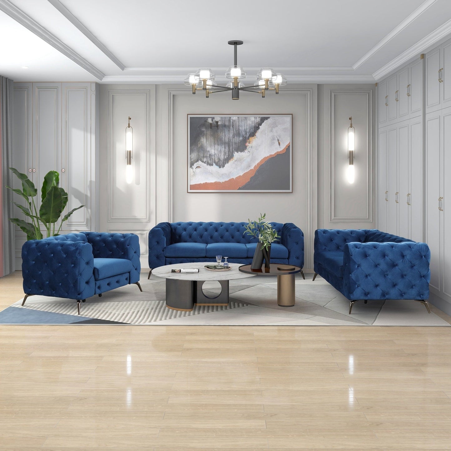 Roomfitters 3-Piece Velvet Upholstered Sofa Set with Sturdy Metal Legs, Includes Three-Seat Sofa, Loveseat, and Single Chair