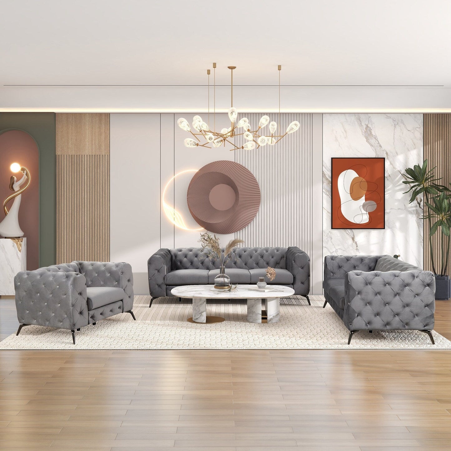 Roomfitters 3-Piece Velvet Upholstered Sofa Set with Sturdy Metal Legs, Includes Three-Seat Sofa, Loveseat, and Single Chair