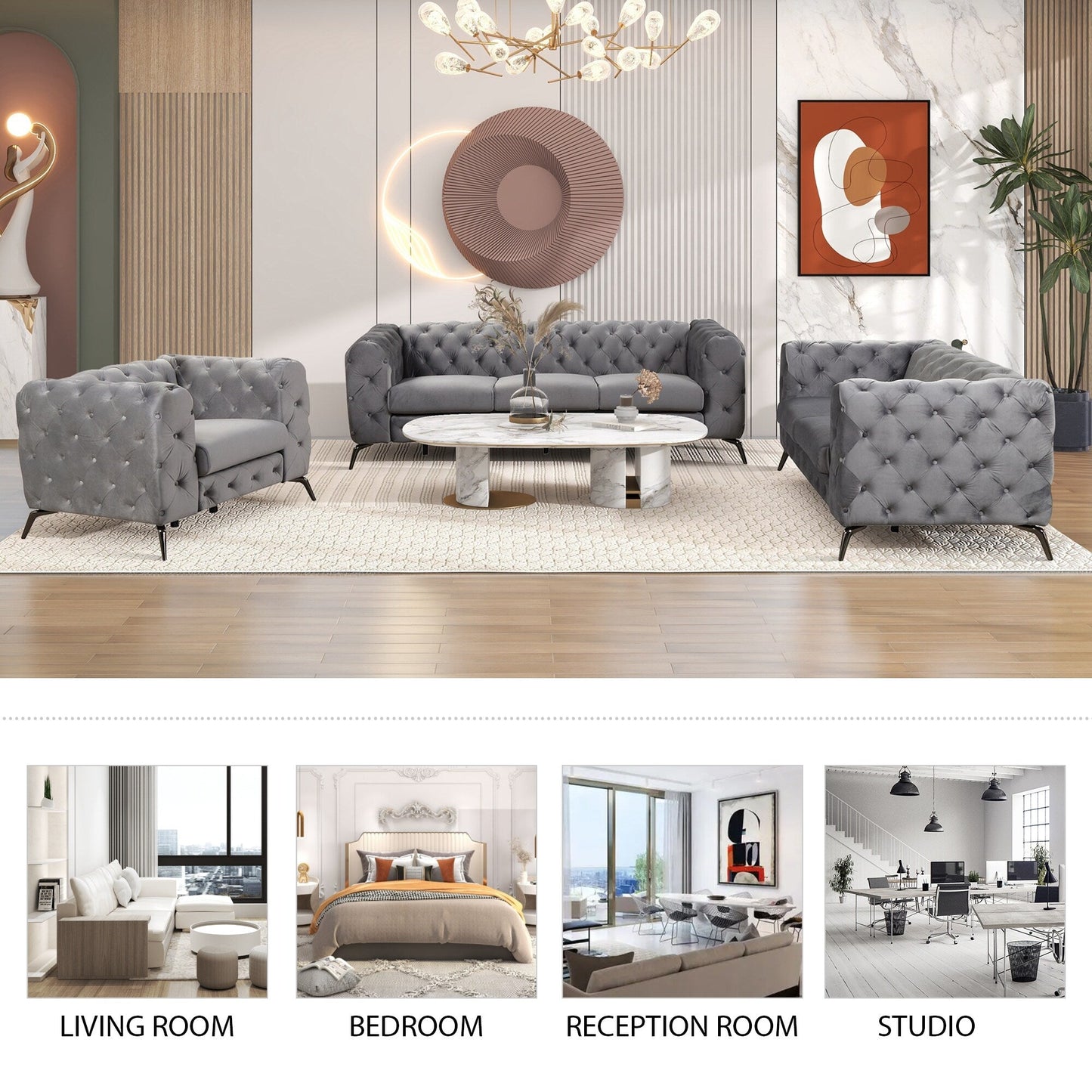 Roomfitters 3-Piece Velvet Upholstered Sofa Set with Sturdy Metal Legs, Includes Three-Seat Sofa, Loveseat, and Single Chair