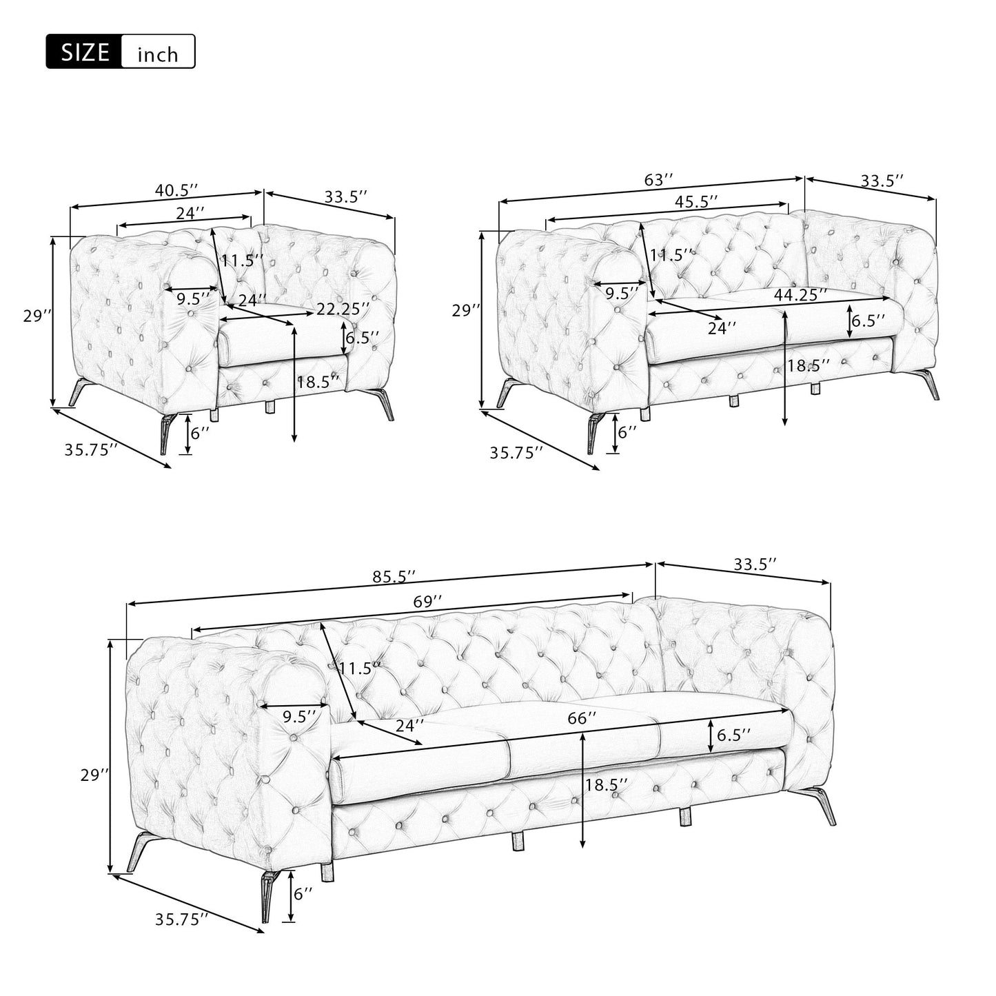 Roomfitters 3-Piece Velvet Upholstered Sofa Set with Sturdy Metal Legs, Includes Three-Seat Sofa, Loveseat, and Single Chair