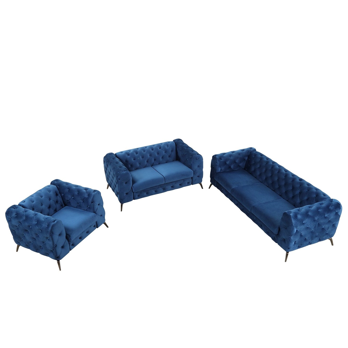 Roomfitters 3-Piece Velvet Upholstered Sofa Set with Sturdy Metal Legs, Includes Three-Seat Sofa, Loveseat, and Single Chair