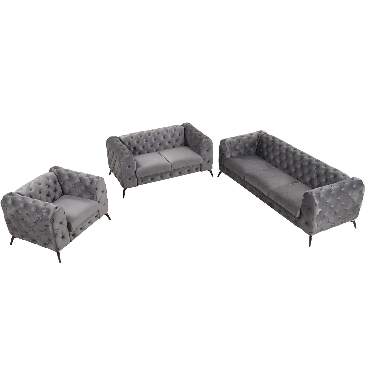 Roomfitters 3-Piece Velvet Upholstered Sofa Set with Sturdy Metal Legs, Includes Three-Seat Sofa, Loveseat, and Single Chair