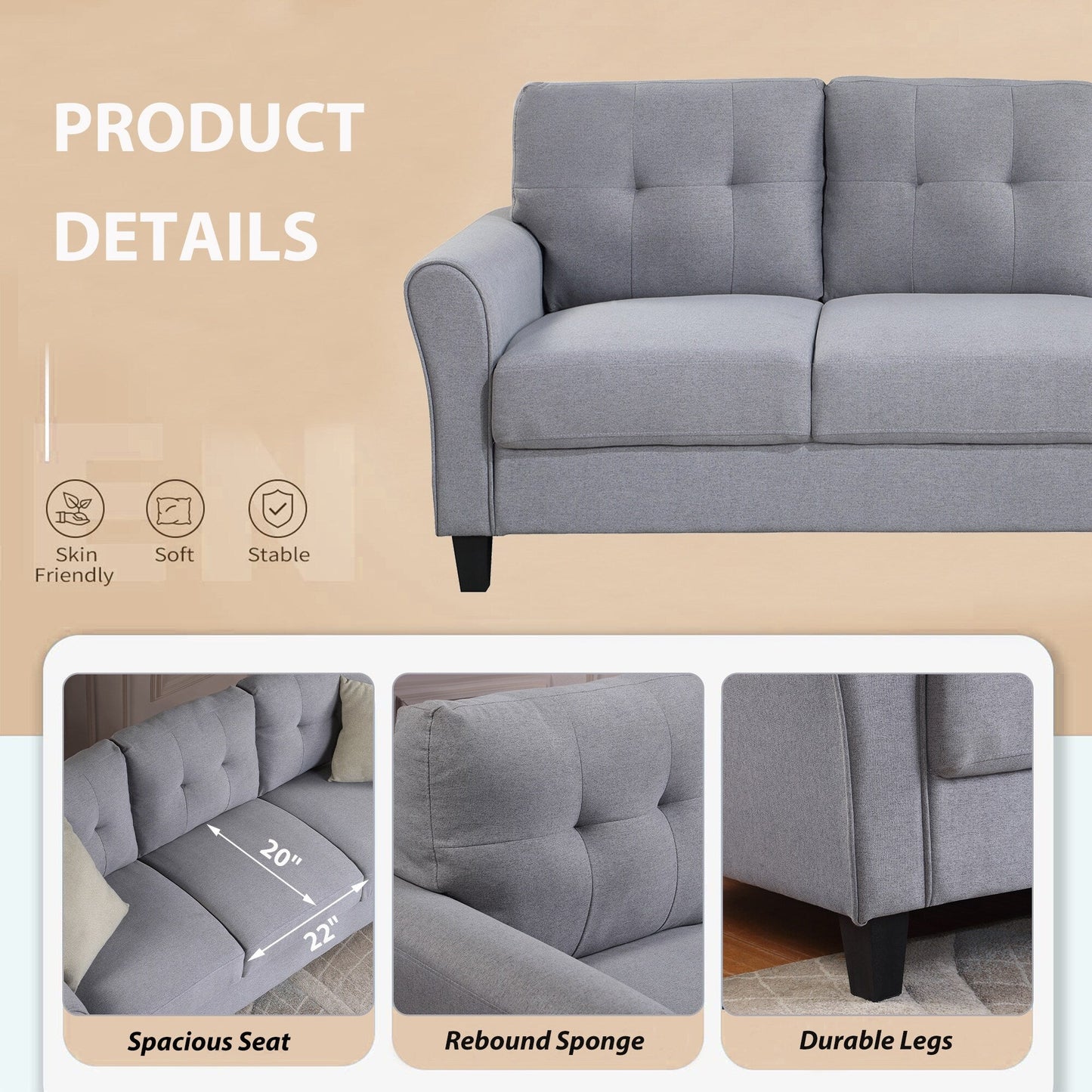Roomfitters Modern Linen Upholstered Loveseat, Compact 2-Seat Couch for Living Room or Office Elegance