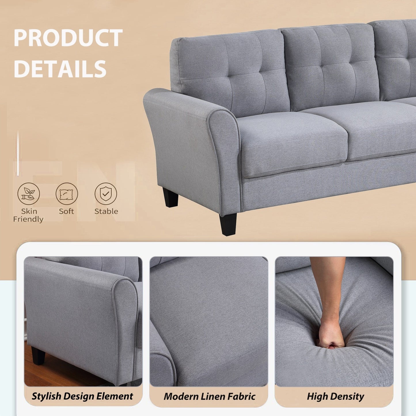 Roomfitters Modern Linen Upholstered Loveseat, Compact 2-Seat Couch for Living Room or Office Elegance