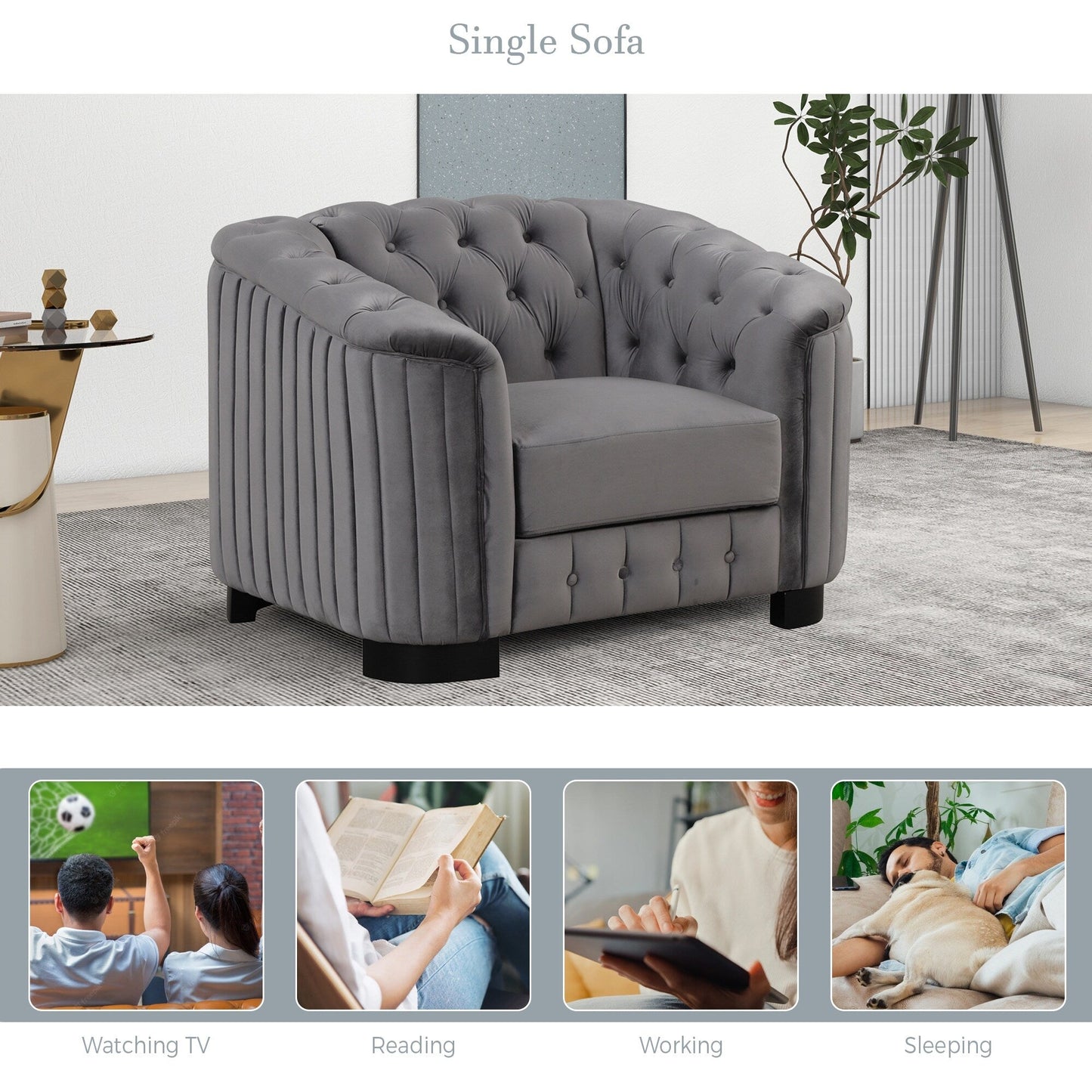 Roomfitters Velvet Upholstered Accent Sofa, Single Sofa Chair with Removable Seat Cushion for Modern Living Room, Bedroom