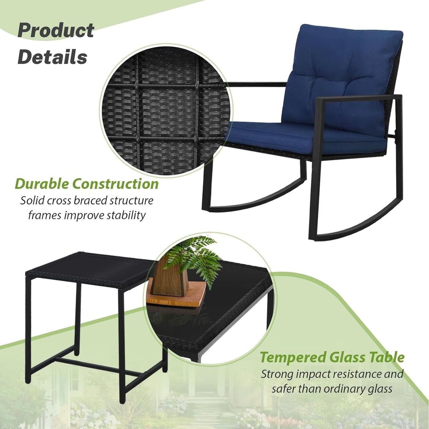 SUNCROWN 3-teiliges Schaukel-Bistro-Set aus schwarzem Metall für die Terrasse