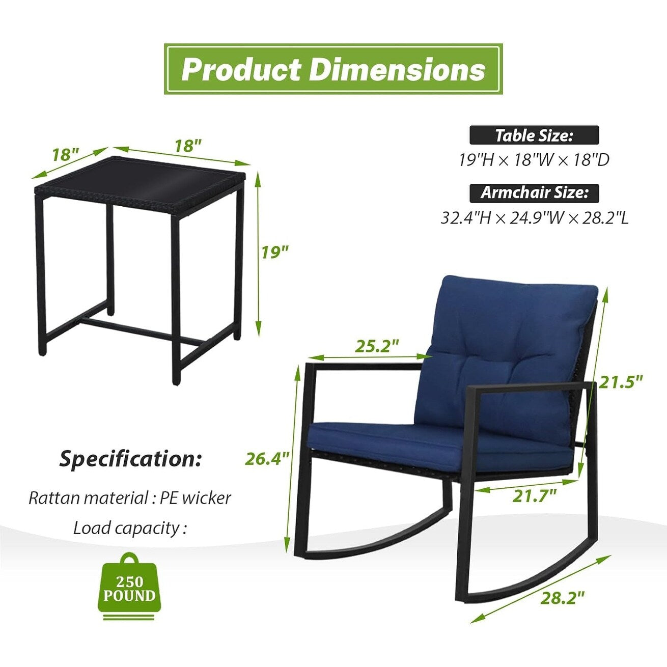 SUNCROWN 3-teiliges Schaukel-Bistro-Set aus schwarzem Metall für die Terrasse