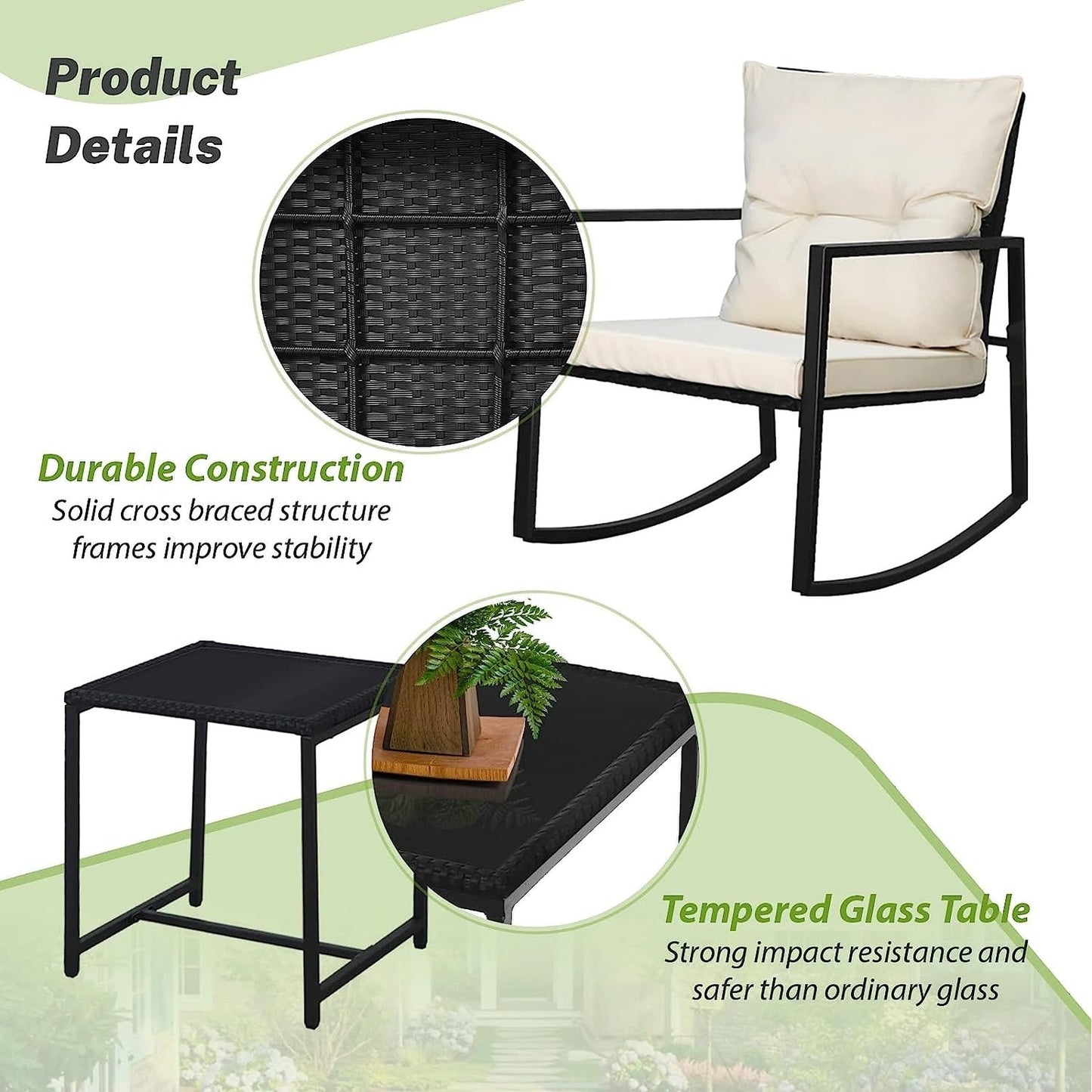SUNCROWN 3-teiliges Schaukel-Bistro-Set aus schwarzem Metall für die Terrasse
