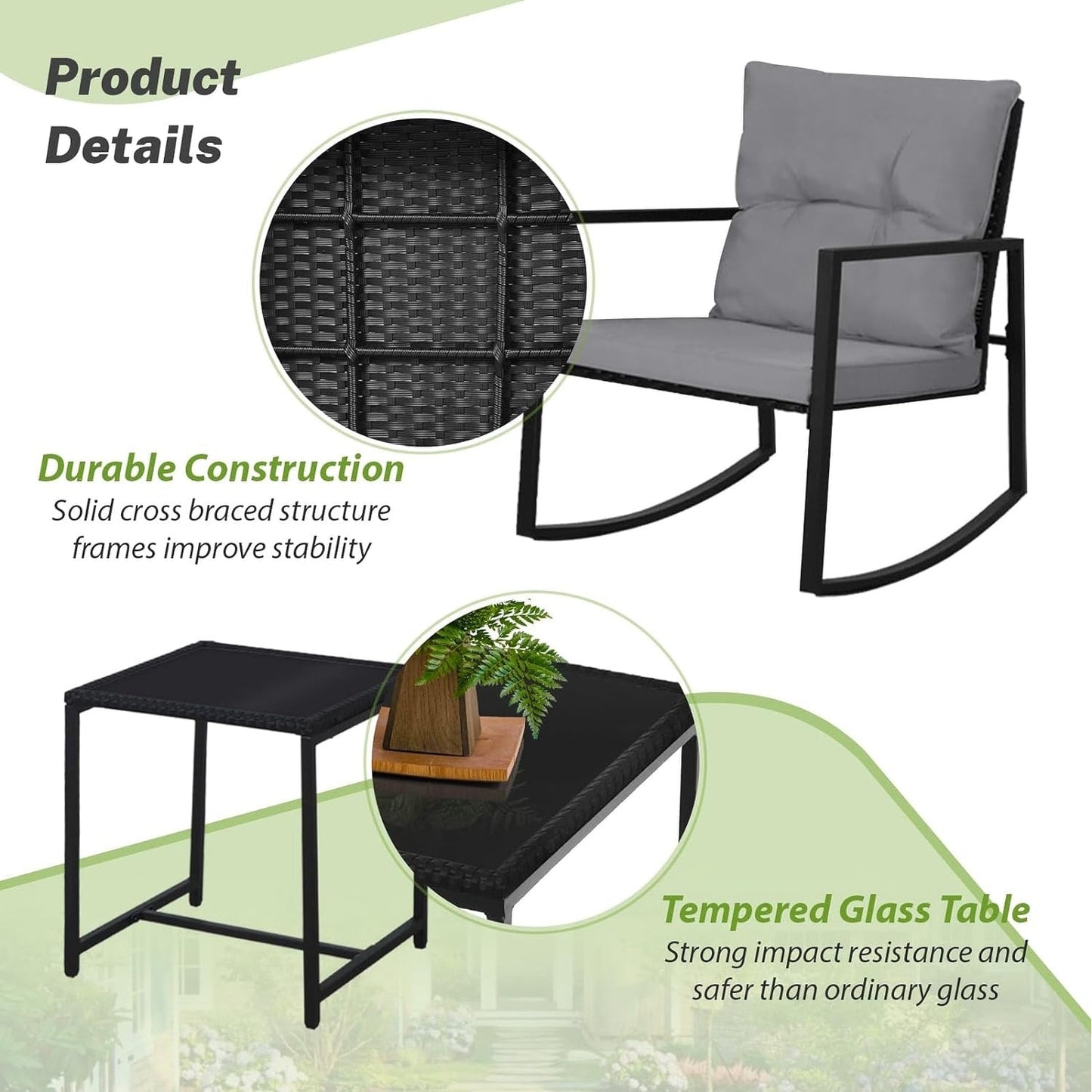SUNCROWN 3-teiliges Schaukel-Bistro-Set aus schwarzem Metall für die Terrasse