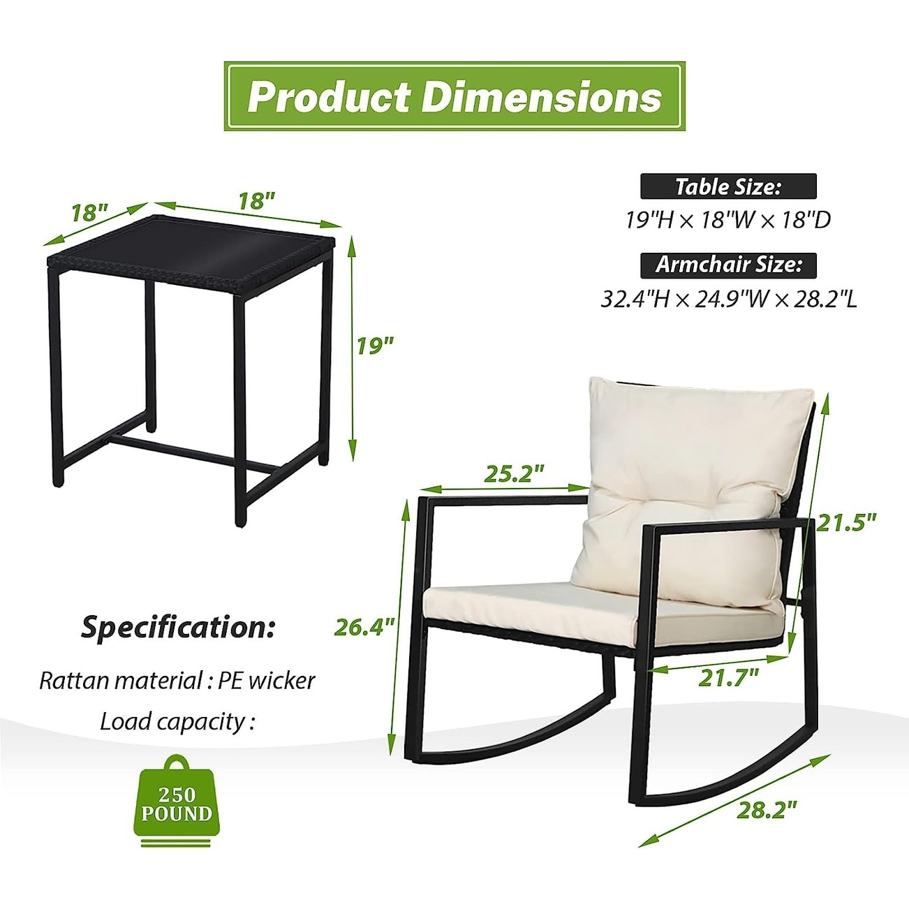 SUNCROWN 3-teiliges Schaukel-Bistro-Set aus schwarzem Metall für die Terrasse