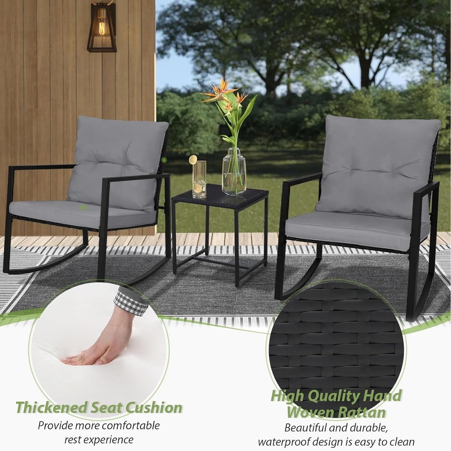 SUNCROWN 3-teiliges Schaukel-Bistro-Set aus schwarzem Metall für die Terrasse