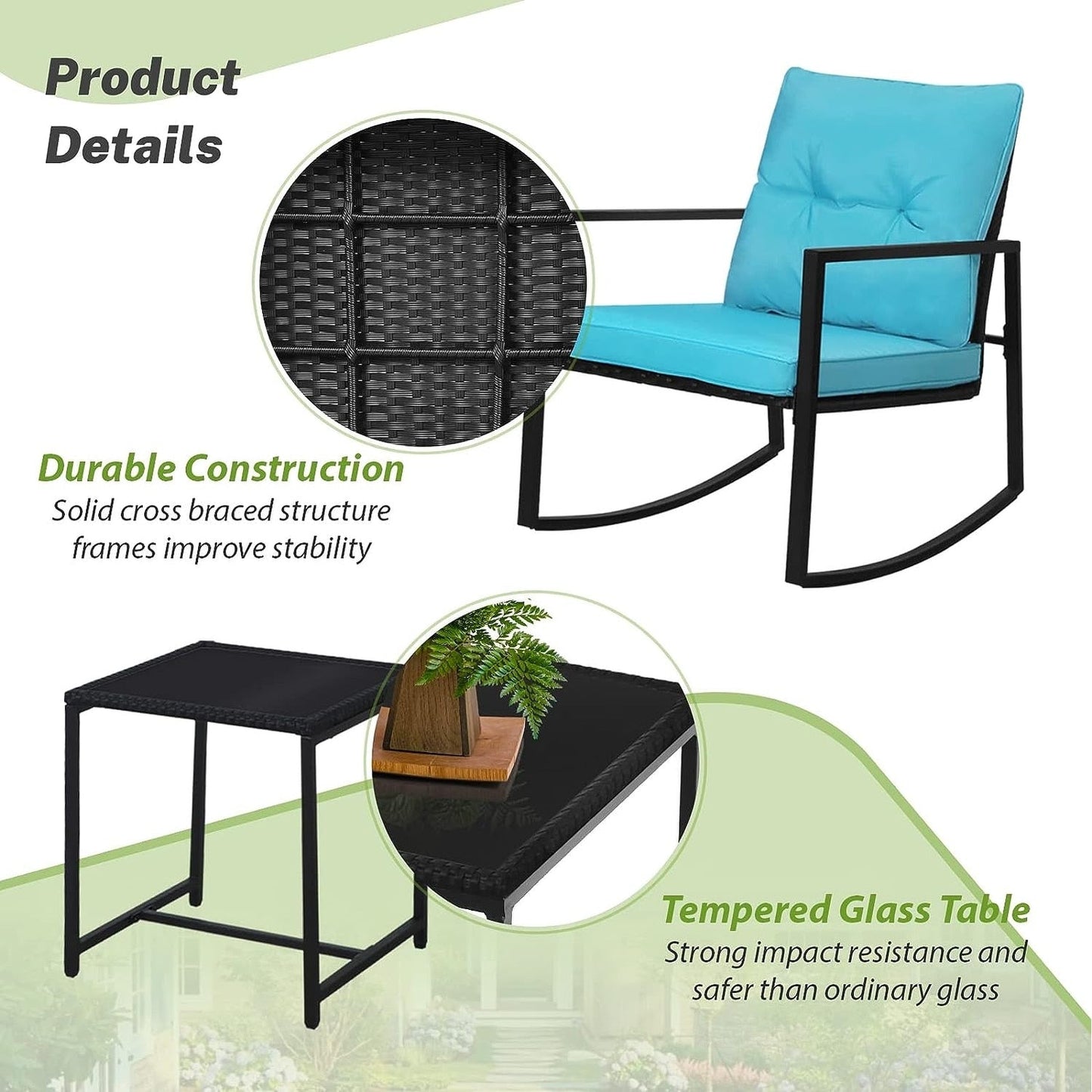 SUNCROWN 3-teiliges Schaukel-Bistro-Set aus schwarzem Metall für die Terrasse
