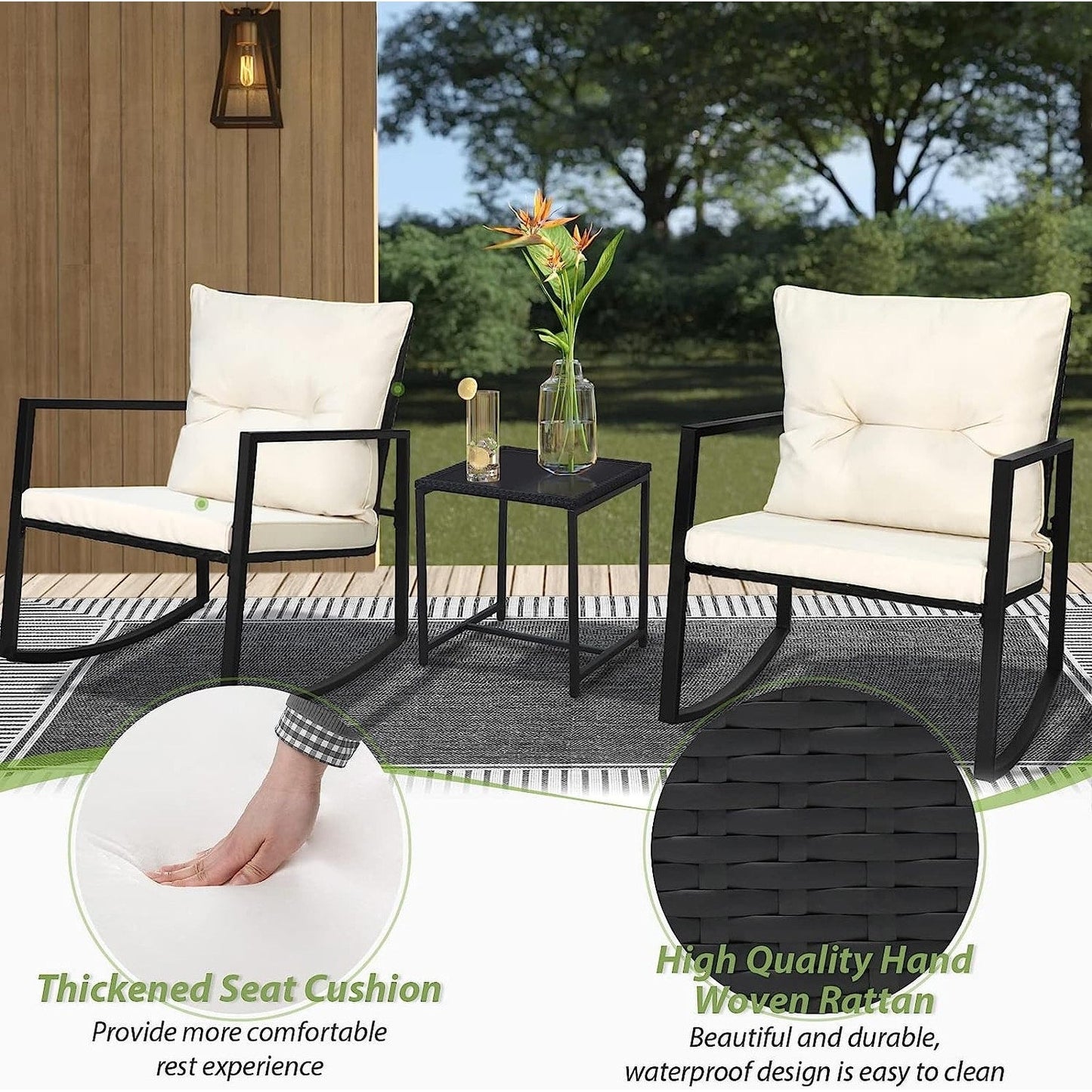 SUNCROWN 3-teiliges Schaukel-Bistro-Set aus schwarzem Metall für die Terrasse