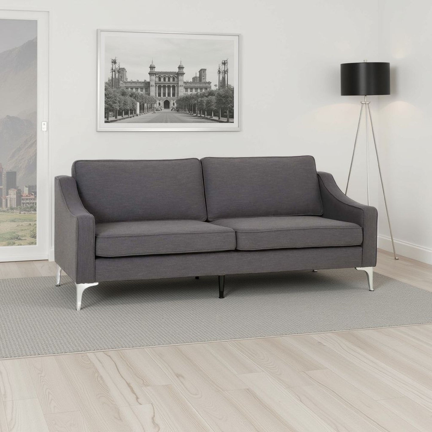 Sofa, Removable Back Cushions, Gray Fabric Upholstery, Chrome Legs, 85 Inch