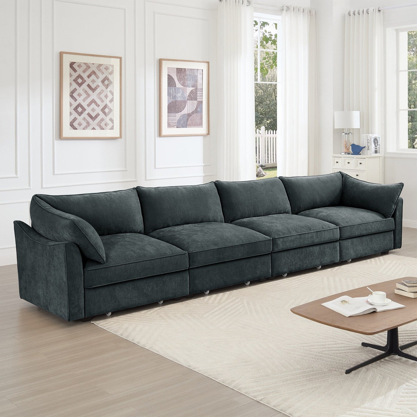 Super Large Wide & Deep Seat 4-Seater Sofa Couch with Storage Pull Out Drawer Under Each Seat