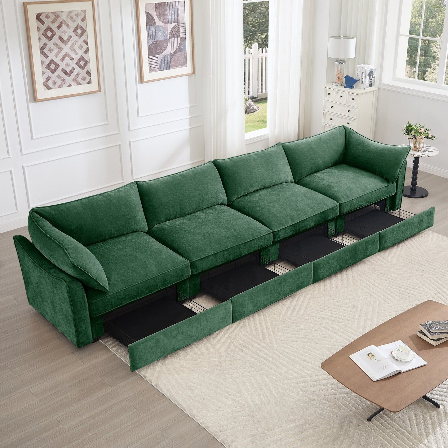 Super Large Wide & Deep Seat 4-Seater Sofa Couch with Storage Pull Out Drawer Under Each Seat