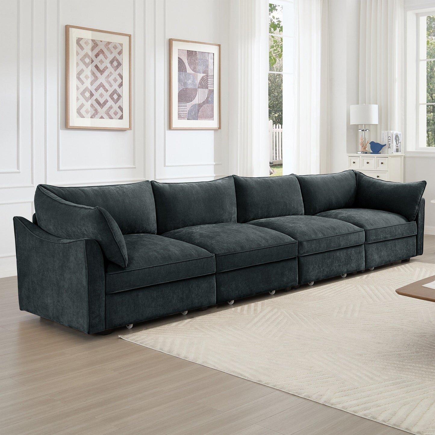 Super Large Wide & Deep Seat 4-Seater Sofa Couch with Storage Pull Out Drawer Under Each Seat