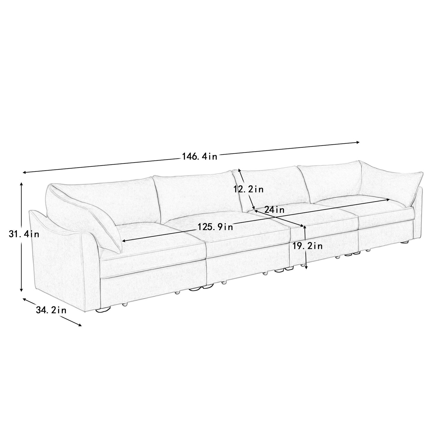 Super Large Wide & Deep Seat 4-Seater Sofa Couch with Storage Pull Out Drawer Under Each Seat