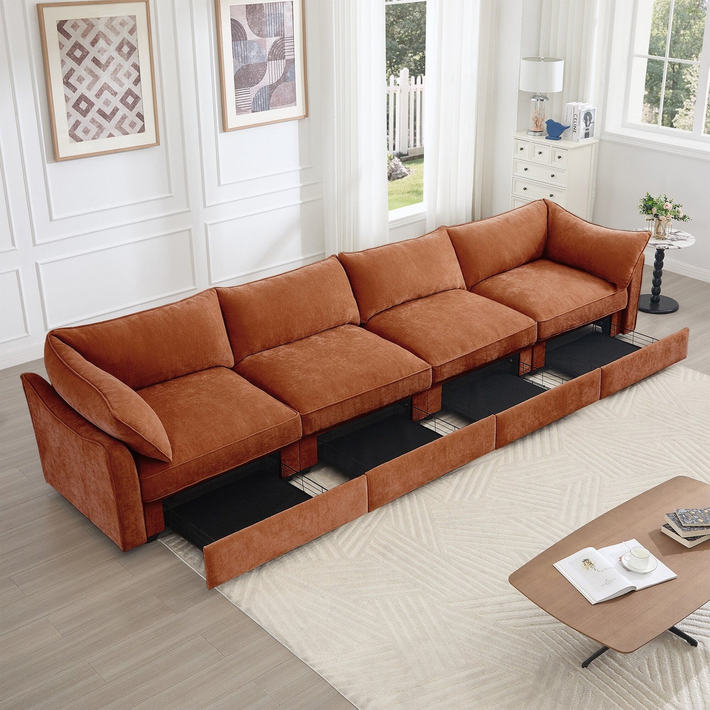 Super Large Wide & Deep Seat 4-Seater Sofa Couch with Storage Pull Out Drawer Under Each Seat