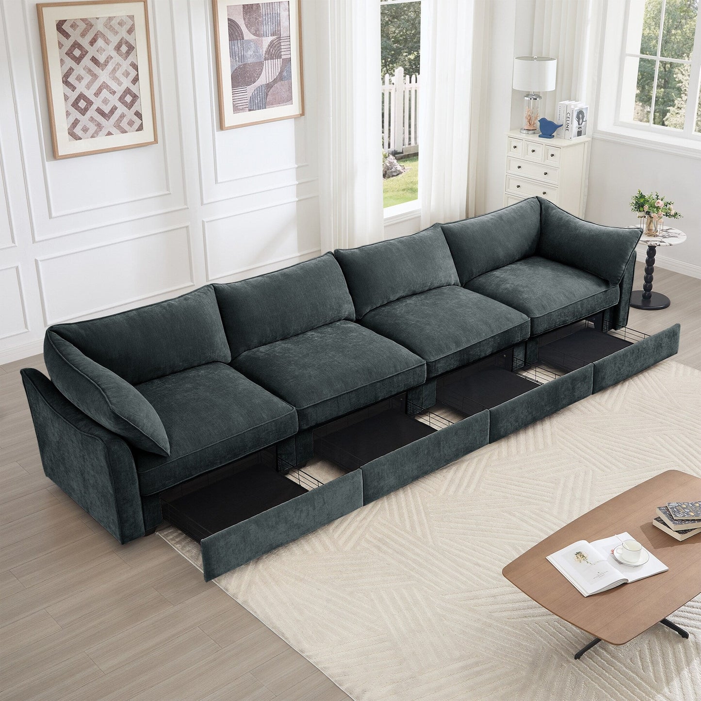 Super Large Wide & Deep Seat 4-Seater Sofa Couch with Storage Pull Out Drawer Under Each Seat