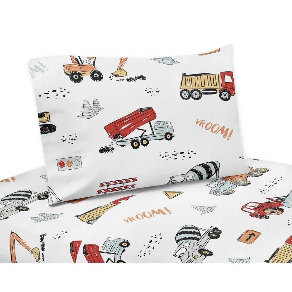 Sweet Jojo Designs Construction Truck Collection 3-teiliges Twin-Bettlaken-Set – Grau, Gelb, Orange, Rot und Blau, Transport