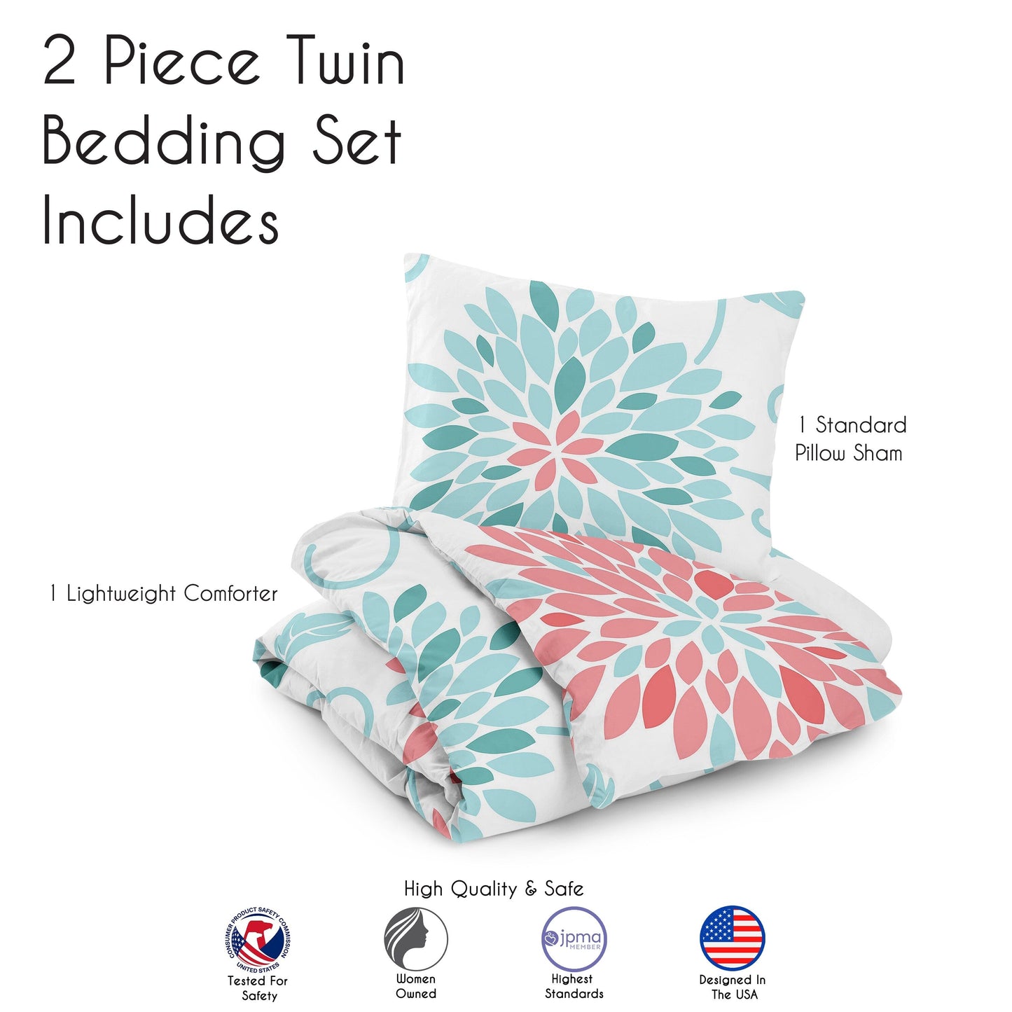 Sweet Jojo Designs Emma Girl Twin 2-teiliges Bettdecken-Set – Koralle und Türkisblau, Blumenmuster, Blüten, Shabby Chic, elegant